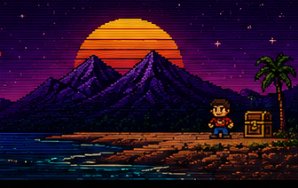 Paisaje pixel art: sol de atardecer sobre montañas y una playa con un héroe y un cofre