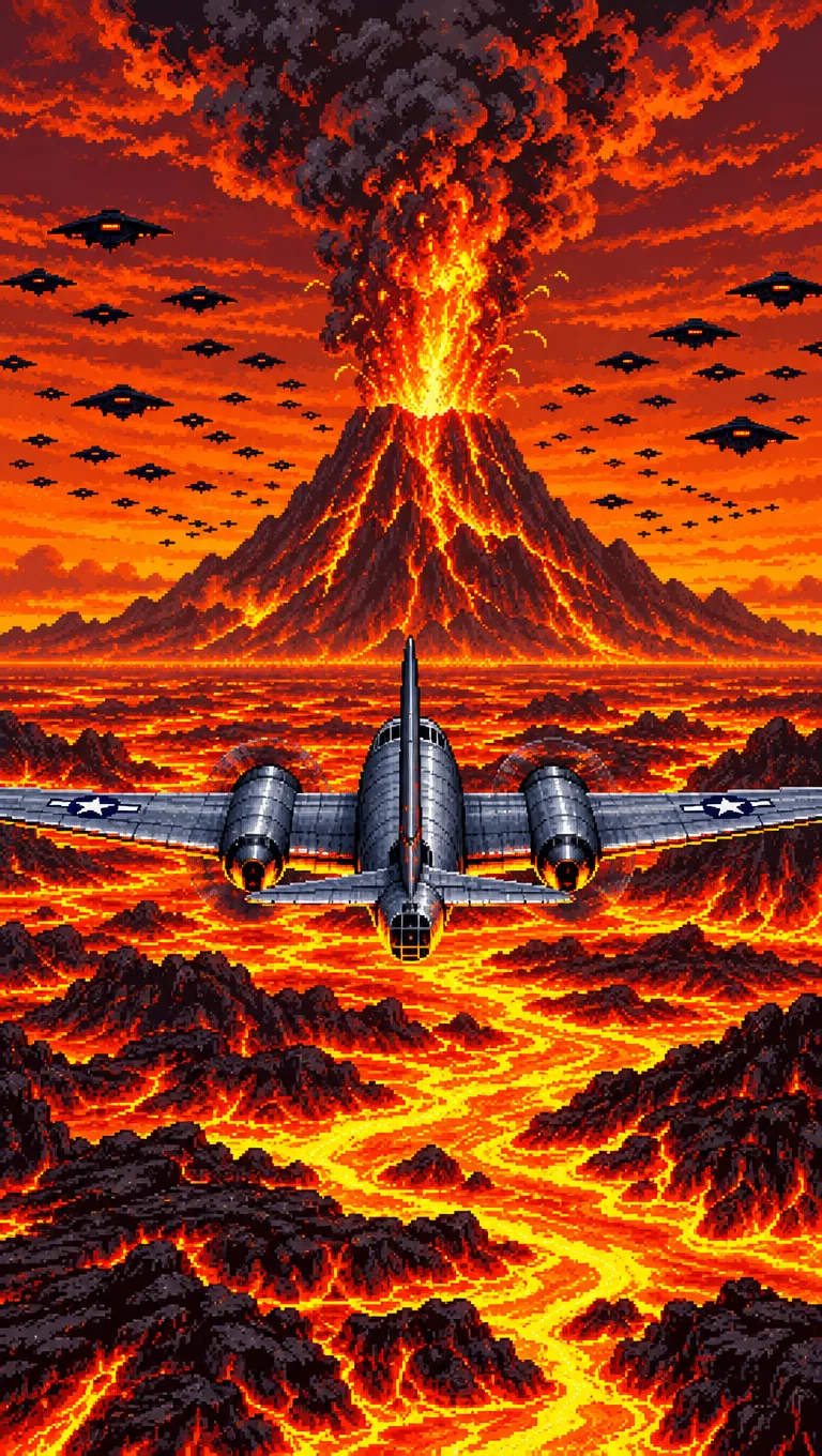 Un avión vuela sobre un mar de lava hacia un volcán